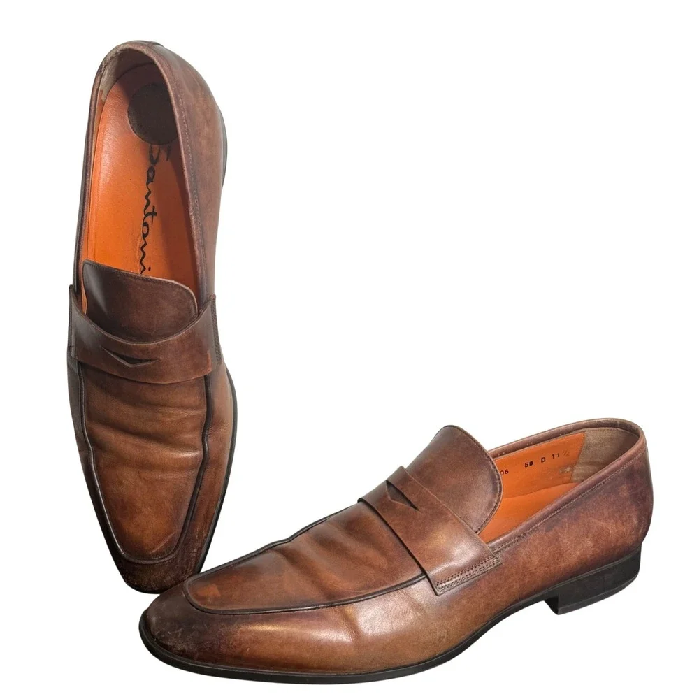 Santoni Penny Loafer Mens 11.5 Brown Leather Burnished Apron Toe Made in Italy